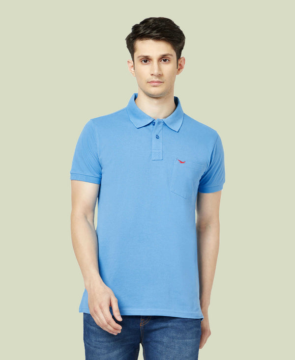 HiFlyers Men'S Solid Regular Fit Polo T-Shirt With Pocket -Sky Blue