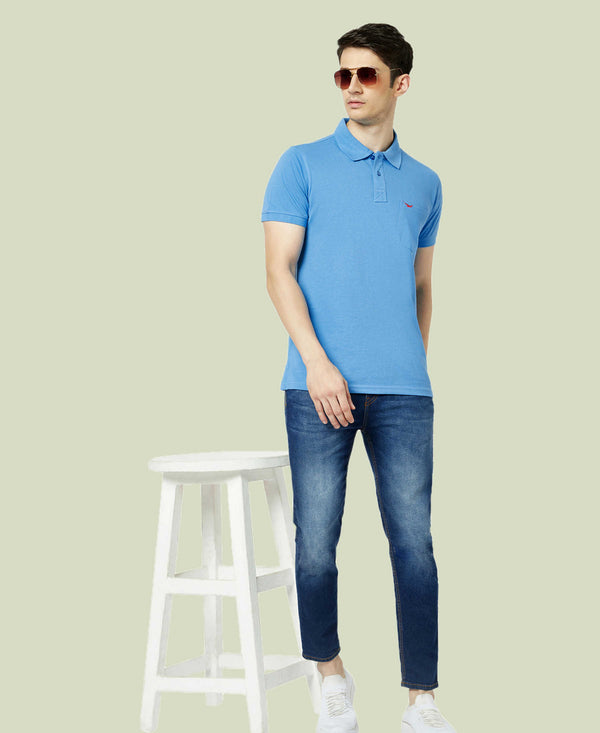 HiFlyers Men'S Solid Regular Fit Polo T-Shirt With Pocket -Sky Blue