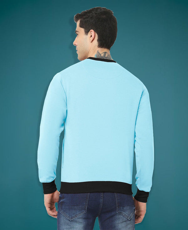HiFlyers Men Slim Fit Cotrast Rib Cotton Fleece Round Neck Sweatshirt -Sky Blue