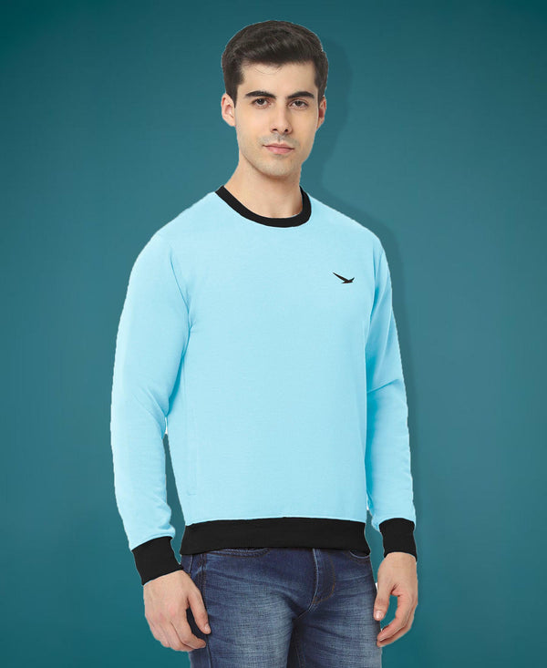HiFlyers Men Slim Fit Cotrast Rib Cotton Fleece Round Neck Sweatshirt -Sky Blue