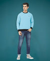 HiFlyers Men Slim Fit Cotrast Rib Cotton Fleece Round Neck Sweatshirt -Sky Blue