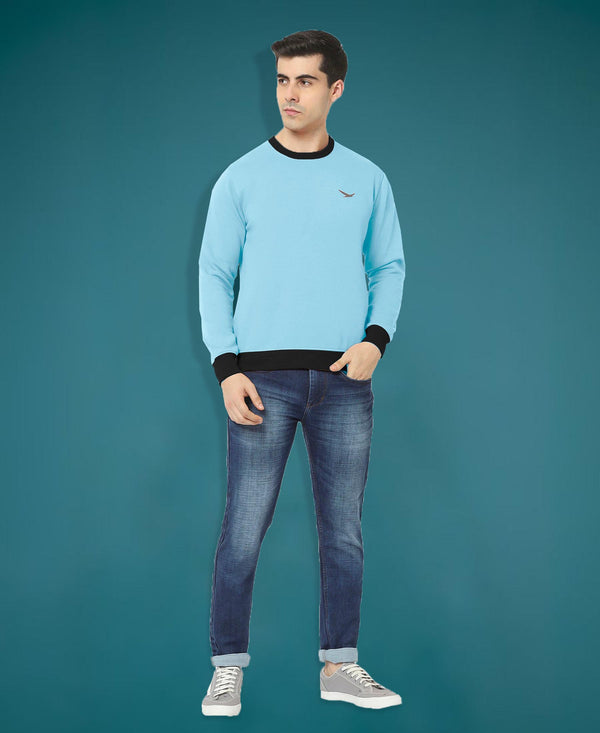 HiFlyers Men Slim Fit Cotrast Rib Cotton Fleece Round Neck Sweatshirt -Sky Blue