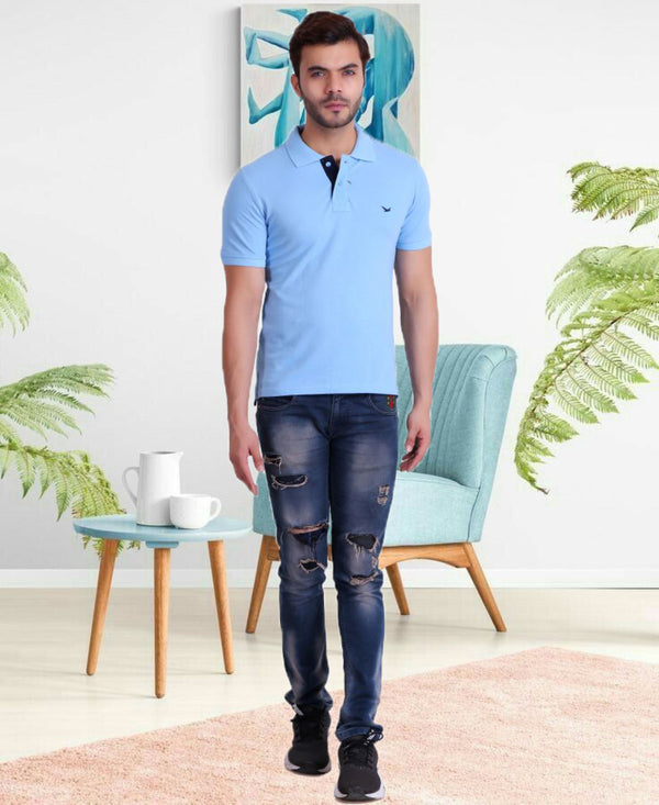 HiFlyers Men Sky Blue Polo T-Shirt