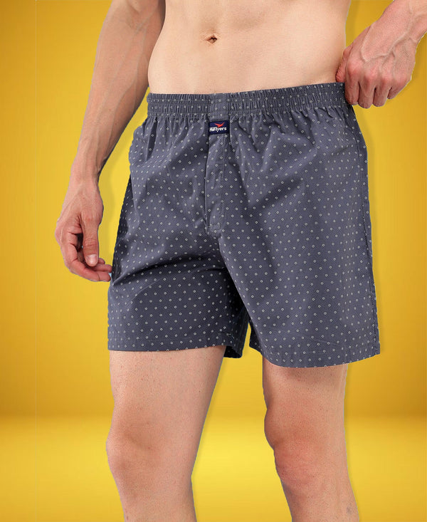 HiFlyers Men Regular Fit Printed Super Combed Cotton Woven Boxer Short Pack Of 1 Steel Grey