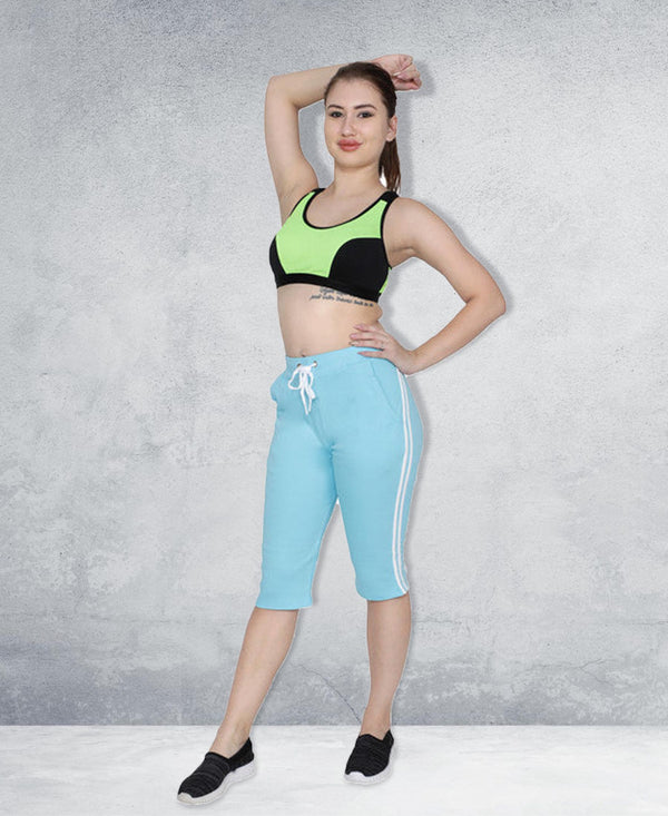 T.T. Women Solid Cotton Capri Sky Blue