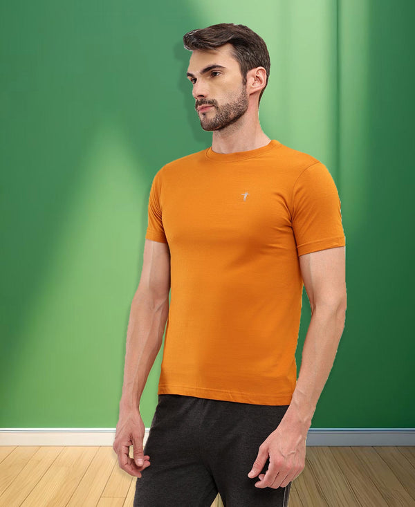 T.T. Men Slim Fit 100% Cotton Cool Round Neck Half Sleev Solid Tshirt Mustard
