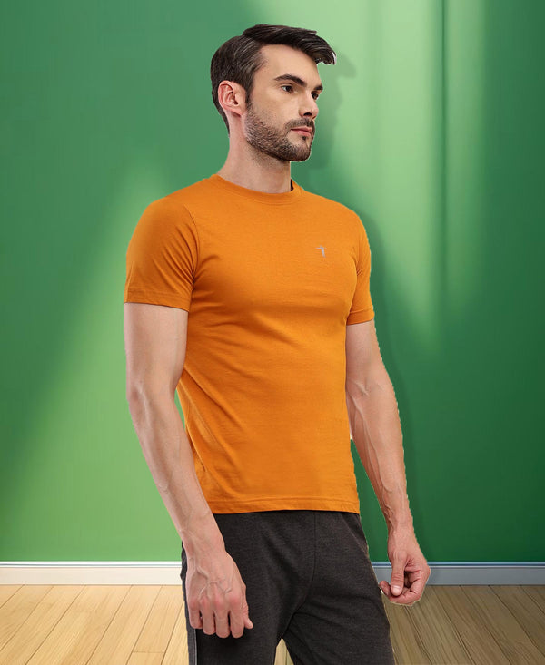 T.T. Men Slim Fit 100% Cotton Cool Round Neck Half Sleev Solid Tshirt Mustard