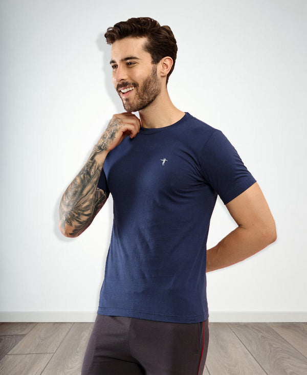 T.T. Men Slim Fit 100% Cotton Cool Round Neck Half Sleev Solid Tshirt Navy
