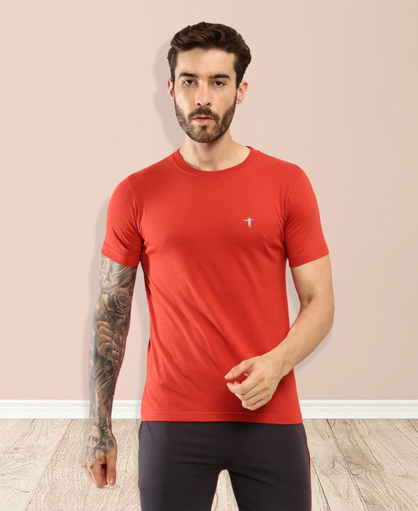 T.T. Men Slim Fit 100% Cotton Cool Round Neck Half Sleev Solid Tshirt Rust