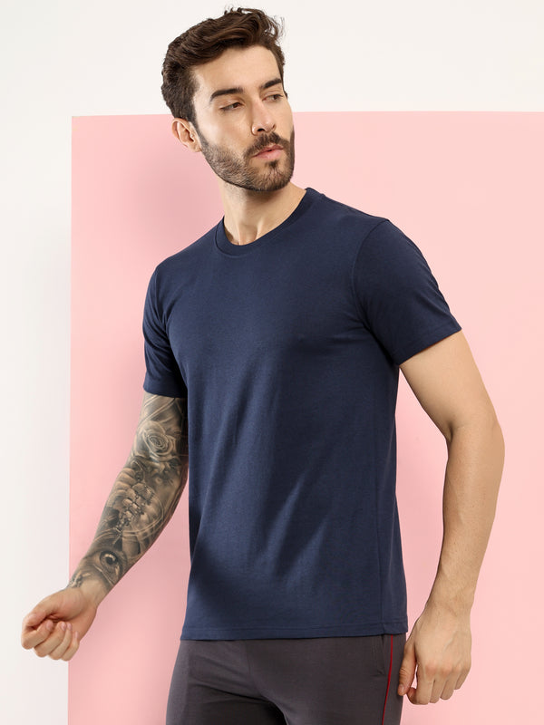 T.T. Men Eco Friendly Cotton Blended Fabric Solid Round Neck Regular Fit Navy