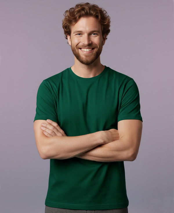 T.T. Men Eco Friendly Cotton Blended Fabric Solid Round Neck Regular Fit Bottle Green