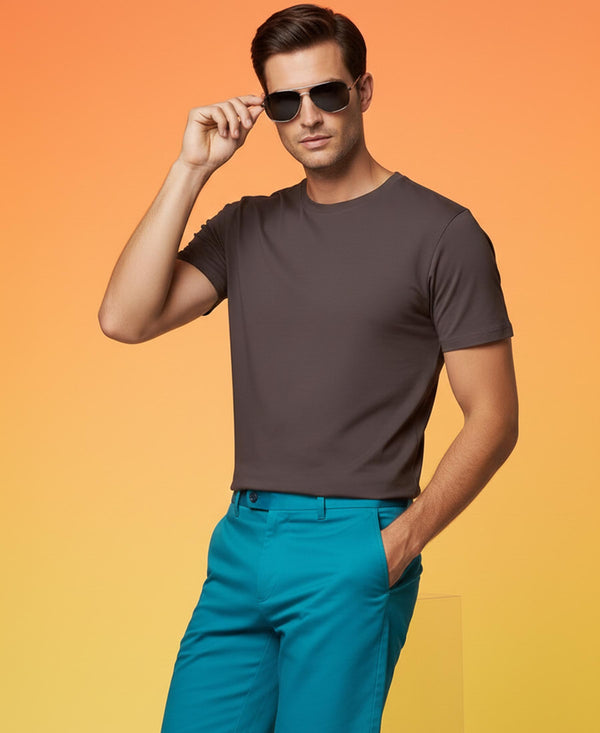 T.T. Men Eco Friendly Cotton Blended Fabric Solid Round Neck Regular Fit Coffee Brown