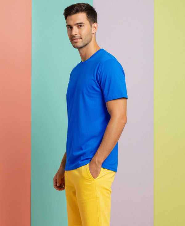 T.T. Men Eco Friendly Cotton Blended Fabric Solid Round Neck Regular Fit Teal Blue