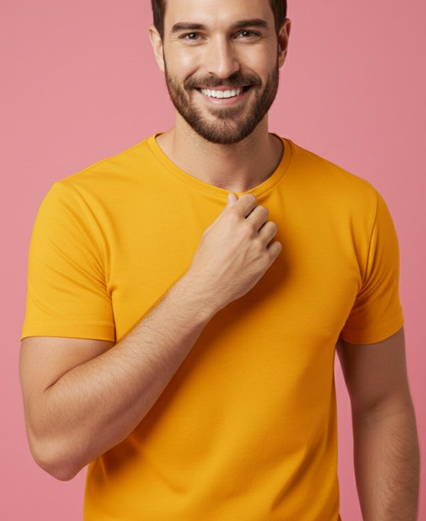T.T. Men Eco Friendly Cotton Blended Fabric Solid Round Neck Regular Fit Golden Yellow