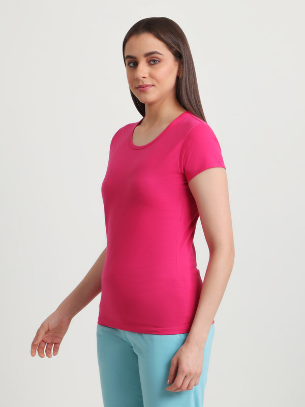 T.T. Women Slim Fit 100% Cotton Cool Round Neck Half Sleev Solid TshirtFuchsia