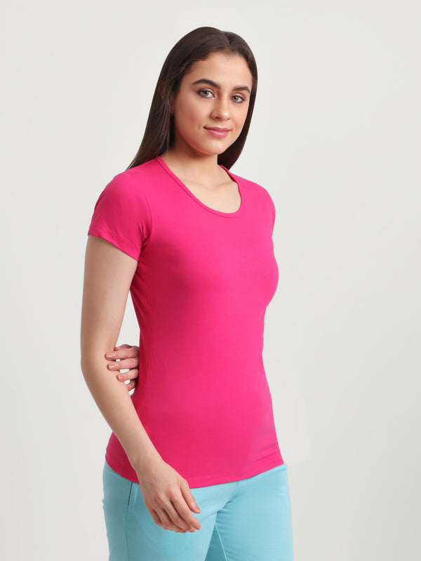 T.T. Women Slim Fit 100% Cotton Cool Round Neck Half Sleev Solid TshirtFuchsia