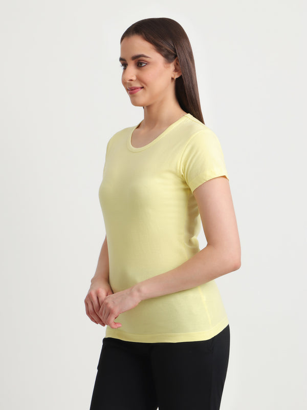 T.T. Women Slim Fit 100% Cotton Cool Round Neck Half Sleev Solid TshirtLemon