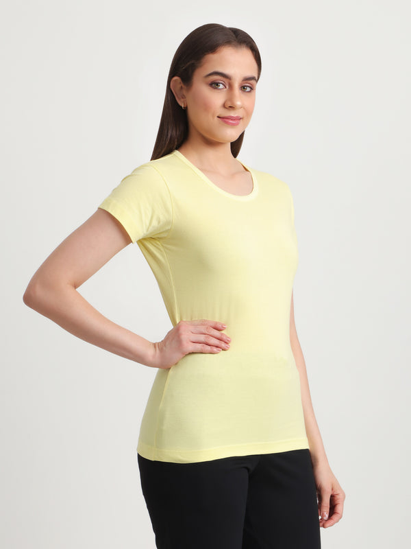 T.T. Women Slim Fit 100% Cotton Cool Round Neck Half Sleev Solid TshirtLemon