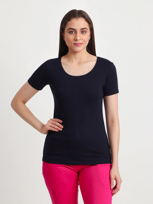 T.T. Women Slim Fit 100% Cotton Cool Round Neck Half Sleev Solid TshirtNavy
