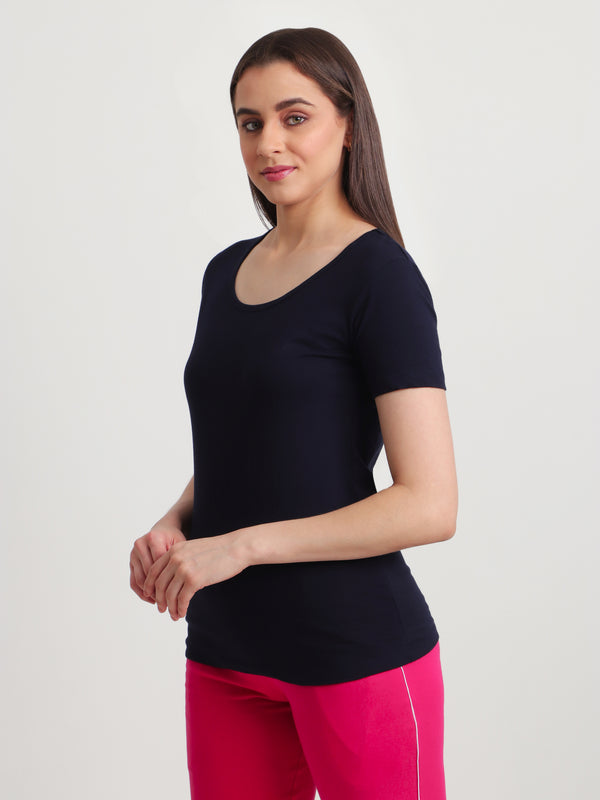 T.T. Women Slim Fit 100% Cotton Cool Round Neck Half Sleev Solid TshirtNavy