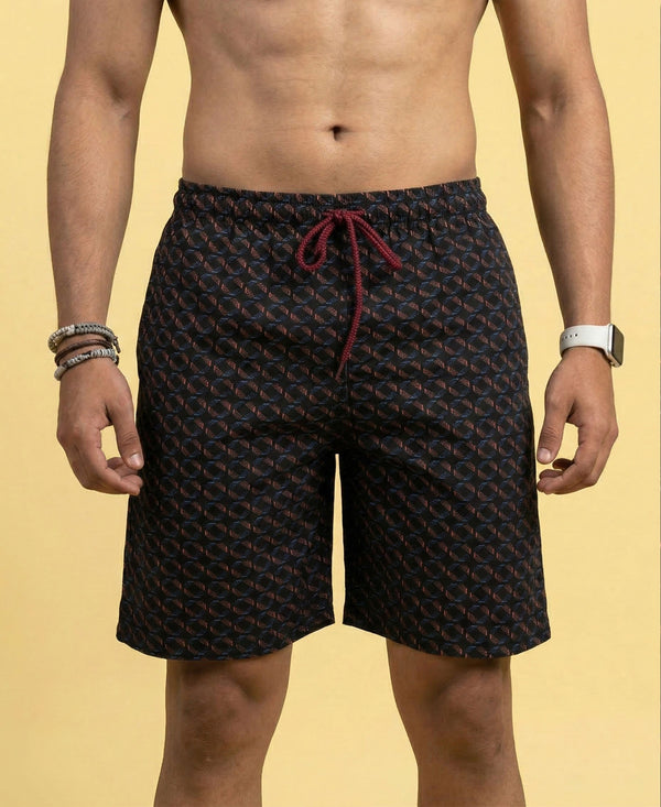 T.T. Men Regular Fit Cotton Polyster Printed Short With Zip Pocket Black Geometric