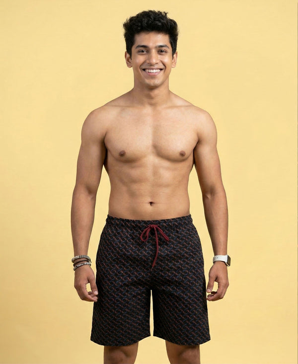 T.T. Men Regular Fit Cotton Polyster Printed Short With Zip Pocket Black Geometric