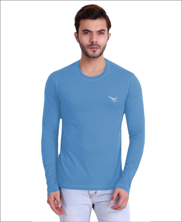 HiFlyers Men Round Neck Full Sleeve Solid Sky Blue T-Shirt