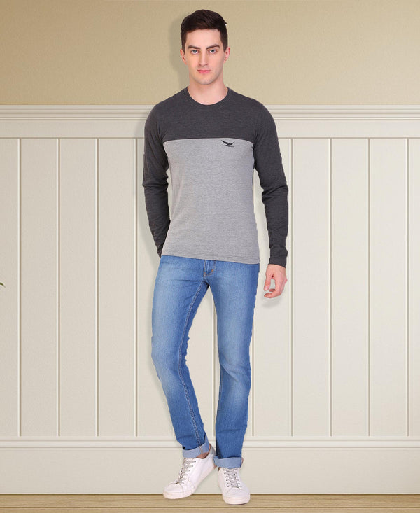 HiFlyers Men Round Neck Full Sleeve Cut & Sew Anthra-Grey T-Shirt