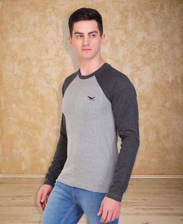 HiFlyers Men Round Neck Full Sleeve Cut & Sew Grey-Anthra T-Shirt