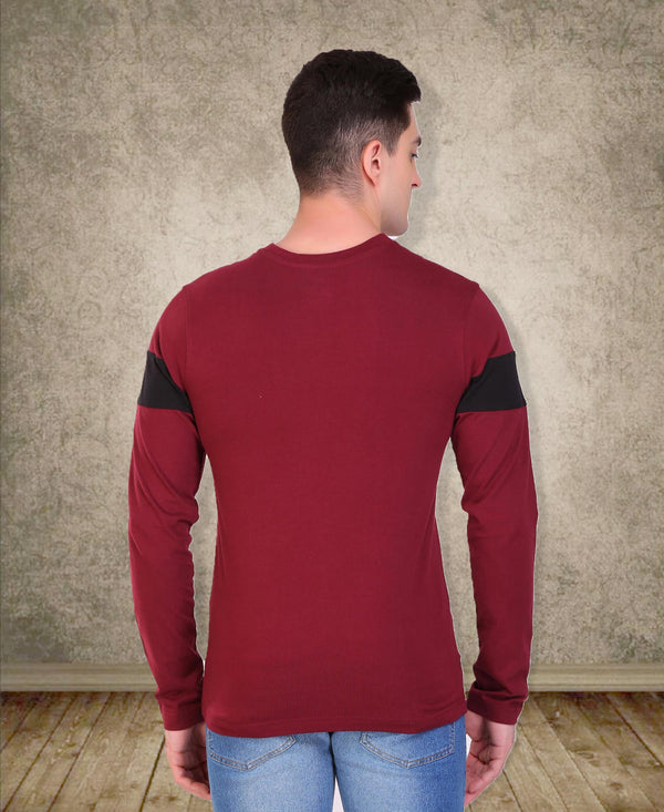 HiFlyers Men Round Neck Full Sleeve Cut & Sew Maroon T-Shirt