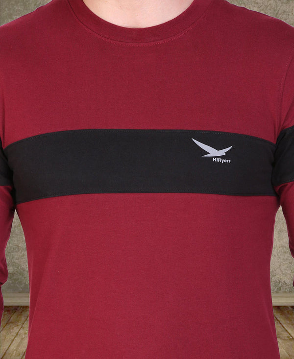 HiFlyers Men Round Neck Full Sleeve Cut & Sew Maroon T-Shirt
