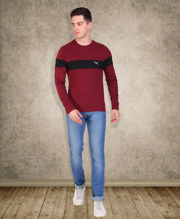 HiFlyers Men Round Neck Full Sleeve Cut & Sew Maroon T-Shirt