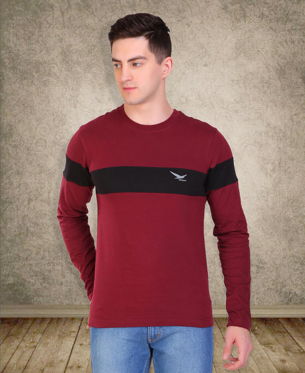 HiFlyers Men Round Neck Full Sleeve Cut & Sew Maroon T-Shirt