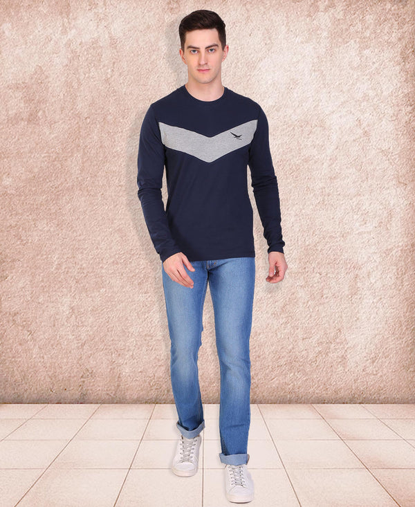 HiFlyers Men Round Neck Full Sleeve Cut & Sew Navy T-Shirt