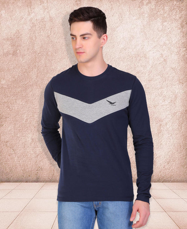 HiFlyers Men Round Neck Full Sleeve Cut & Sew Navy T-Shirt