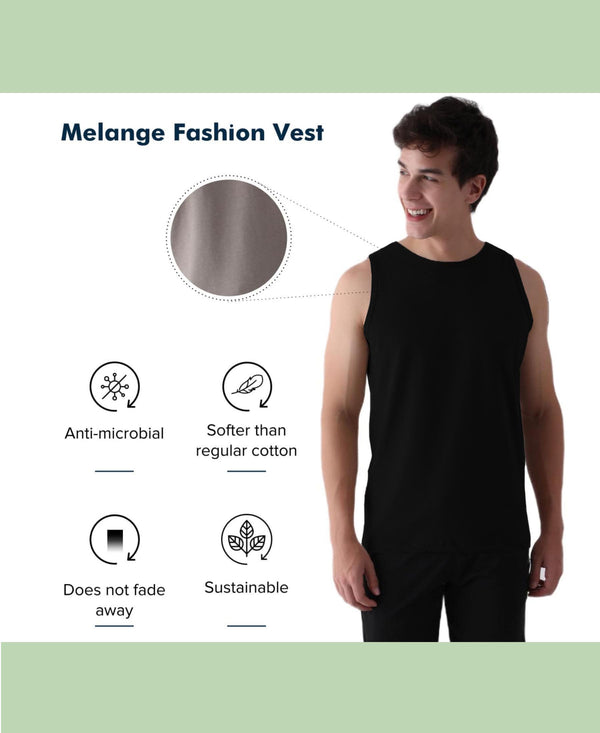 T.T. Men’S Cotton Vest|Premium Melange Cotton|Regular Fit|Soft, Breathable, Fade-Resistant | Anti-Bacterial & Lightweight | Ideal For Gym/Sports Activities|Pack Of 1|Black