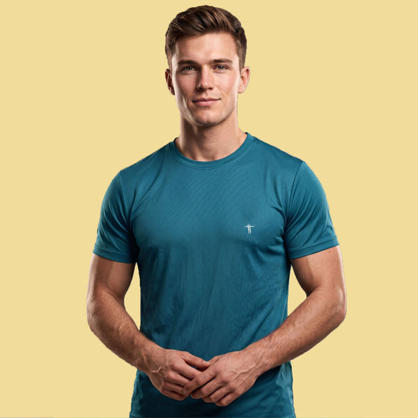 T.T. Men Dri-Fit Polyester Dot- Knit Fabric Round Neck Tees Teal