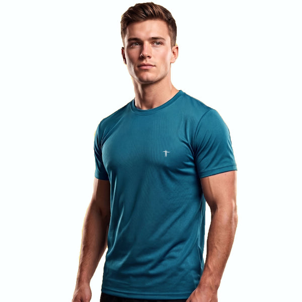 T.T. Men Dri-Fit Polyester Dot- Knit Fabric Round Neck Tees Teal