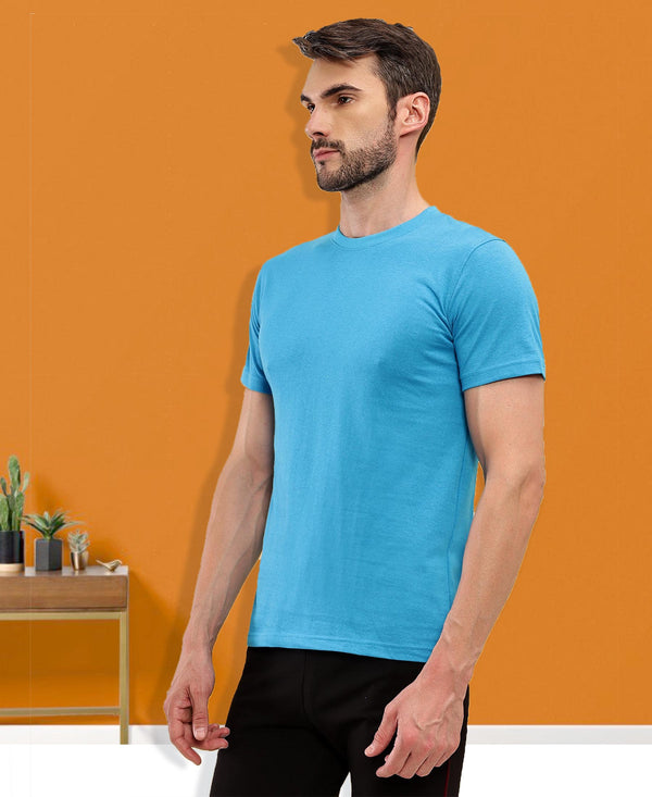 T.T. Men Eco Friendly (Cotton Rich) Recycled Fabric Solid Round Neck Regular Fit Teal Blue