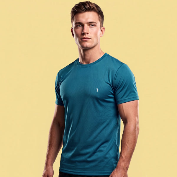 T.T. Men Dri-Fit Polyester Dot- Knit Fabric Round Neck Tees Teal