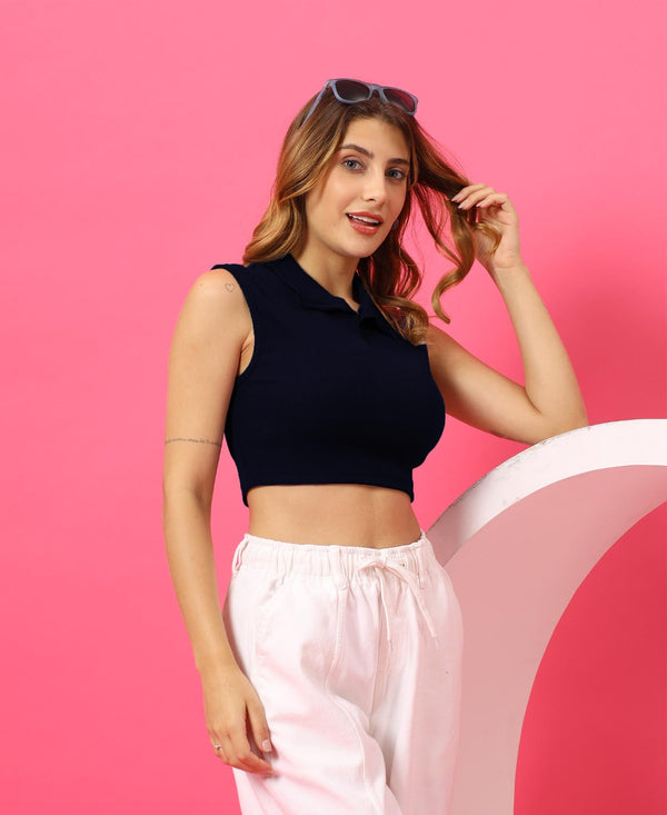 T.T. Women|Slim Fit Ribbed Tank Top|Stretchable Cotton Rib Fabric| Trendy High Street Casual & Office Wear Sleeveless Crop Tee|Desire Rib Polo Tshirt For Women|Navy Blue