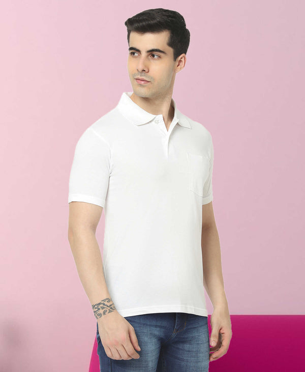 T.T. Men'S Solid Sinker Polo Tshirts With PocketWhite