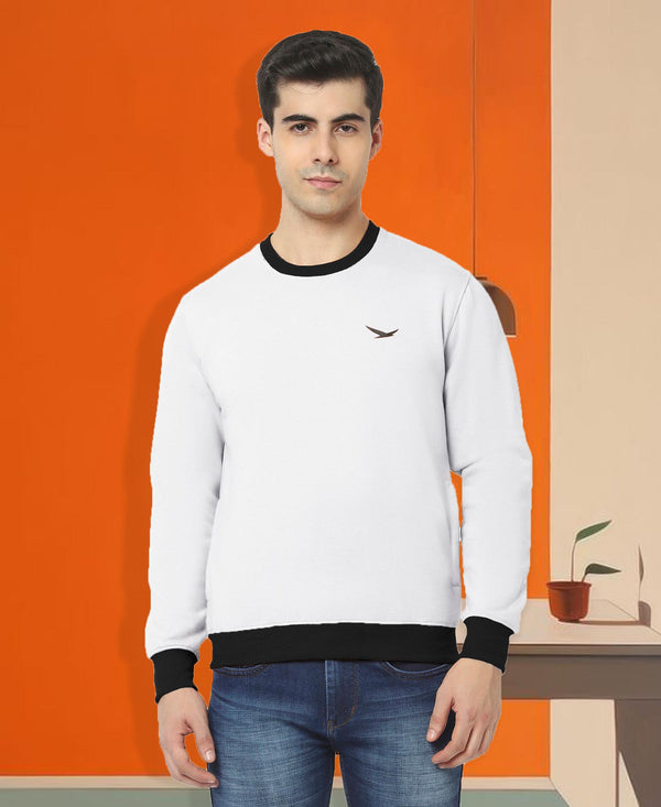 HiFlyers Men Slim Fit Cotrast Rib Cotton Fleece Round Neck Sweatshirt -White