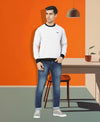 HiFlyers Men Slim Fit Cotrast Rib Cotton Fleece Round Neck Sweatshirt -White