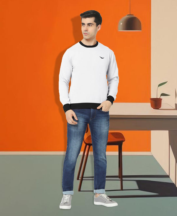 HiFlyers Men Slim Fit Cotrast Rib Cotton Fleece Round Neck Sweatshirt -White