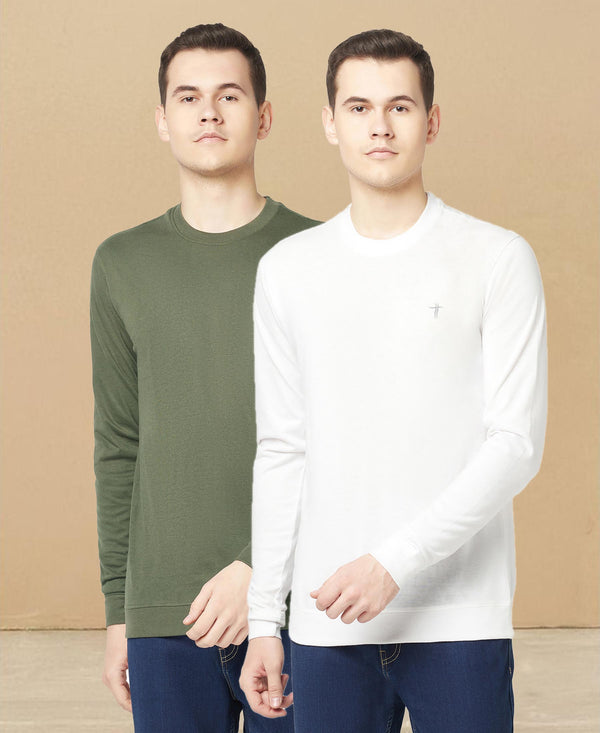 T.T. Men Cotton Polyster Regular Fit Solid Full Sleeve T-Shirt Pack Of 2 (White-Olive )