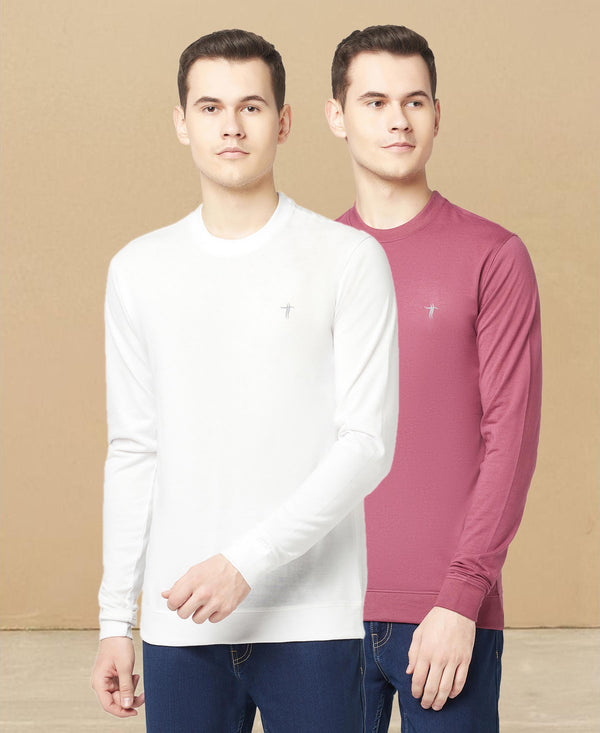T.T. Men Cotton Polyster Regular Fit Solid Full Sleeve T-Shirt Pack Of 2 (White-Onion )