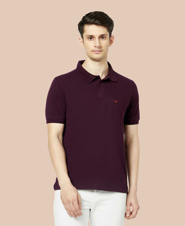HiFlyers Men'S Solid Regular Fit Polo T-Shirt With Pocket -Wine