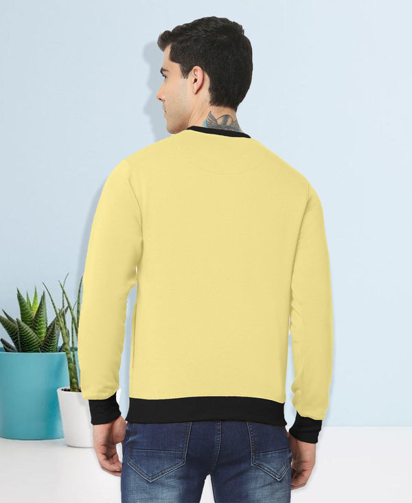 HiFlyers Men Slim Fit Cotrast Rib Cotton Fleece Round Neck Sweatshirt -Yellow