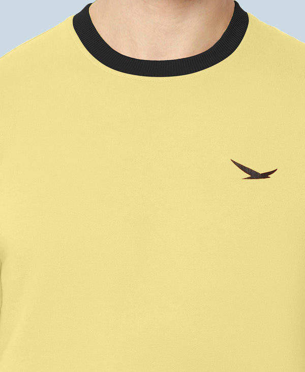 HiFlyers Men Slim Fit Cotrast Rib Cotton Fleece Round Neck Sweatshirt -Yellow